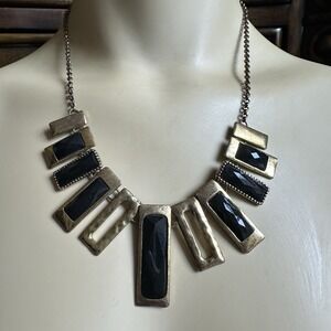 VTG Piano Key Bar Statement Necklace 17" Gold Plated Metal Black Acrylic Jewelry